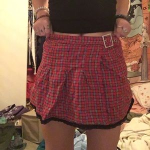 Red plaid mini school girl skirt with lace trim